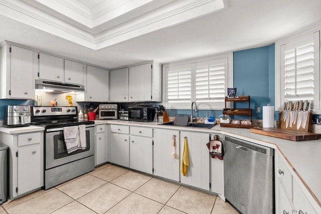 kitchen featuring appliances with stainless steel finishes, white cabinetry, sink, a tray ceiling, and crown molding