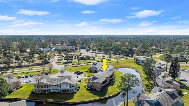 bird's eye view with a water view