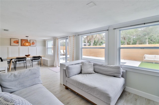 living room with a wealth of natural light and light wood-type flooring