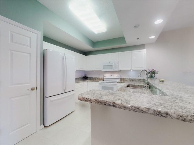 kitchen with white cabinetry, sink, white appliances, and kitchen peninsula