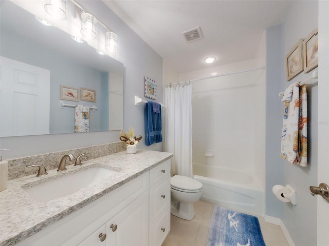 5300 S Atlantic Ave Unit 3-504, New Smyrna Beach, FL 32169 - bathroom featuring visible vents, tile patterned flooring, vanity, toilet, and shower / bathtub combination with curtain