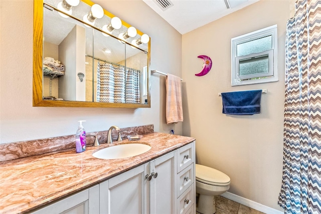 full bathroom with tile patterned flooring, toilet, visible vents, vanity, and baseboards