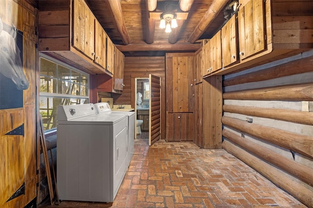 laundry room featuring washer and clothes dryer and wooden ceiling