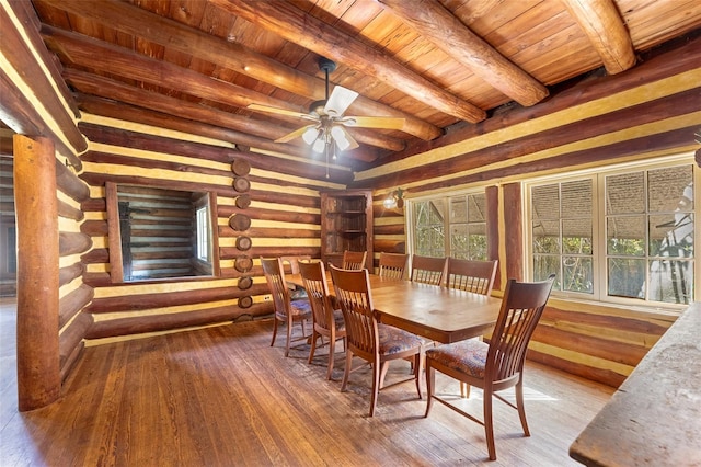 dining area with wood ceiling, hardwood / wood-style flooring, ceiling fan, rustic walls, and beamed ceiling