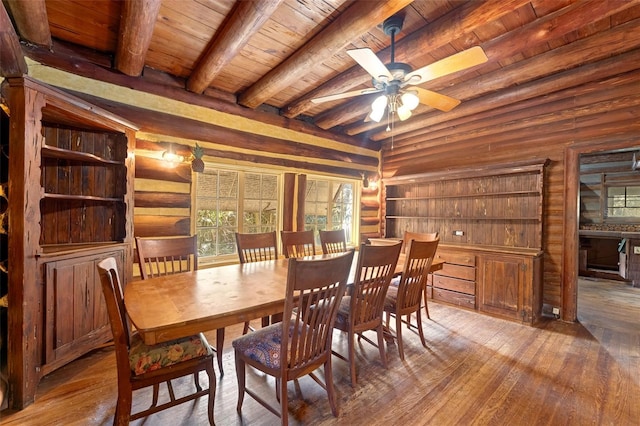 dining room with ceiling fan, beam ceiling, hardwood / wood-style floors, and wooden ceiling