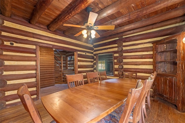 dining area with dark wood-type flooring, ceiling fan, log walls, wooden ceiling, and beamed ceiling