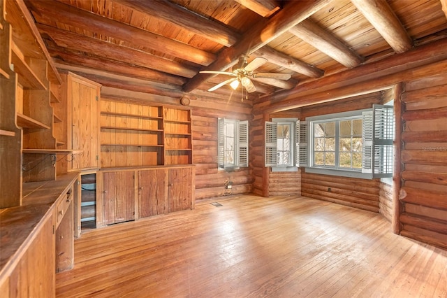 interior space featuring ceiling fan, light hardwood / wood-style flooring, wooden ceiling, and beamed ceiling