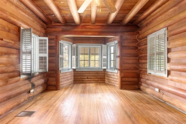 spare room featuring beam ceiling, wood ceiling, light hardwood / wood-style flooring, and rustic walls