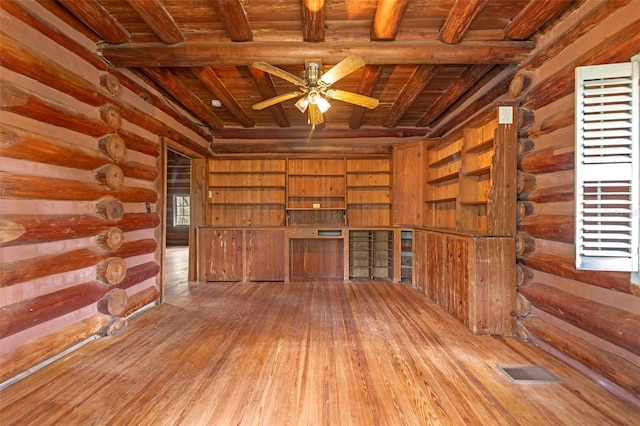 unfurnished living room with wood-type flooring, wooden walls, ceiling fan, and wood ceiling