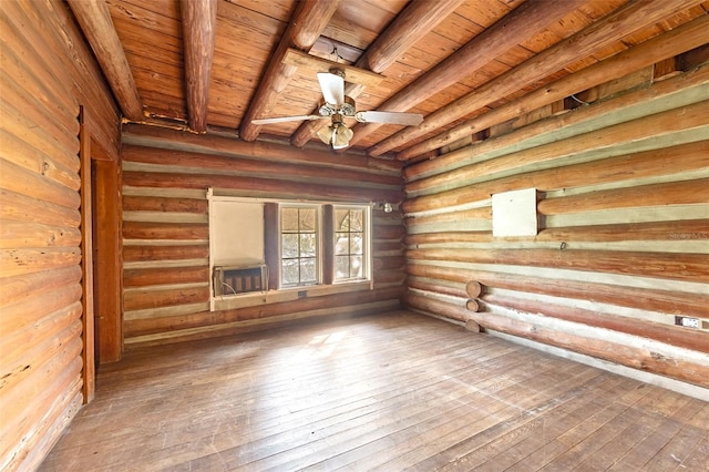 unfurnished living room with beamed ceiling, hardwood / wood-style floors, wooden ceiling, and ceiling fan