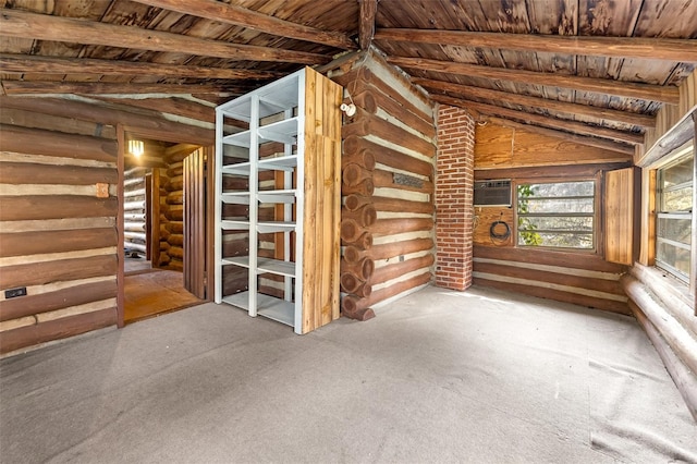 unfurnished living room featuring lofted ceiling with beams, rustic walls, and wooden ceiling