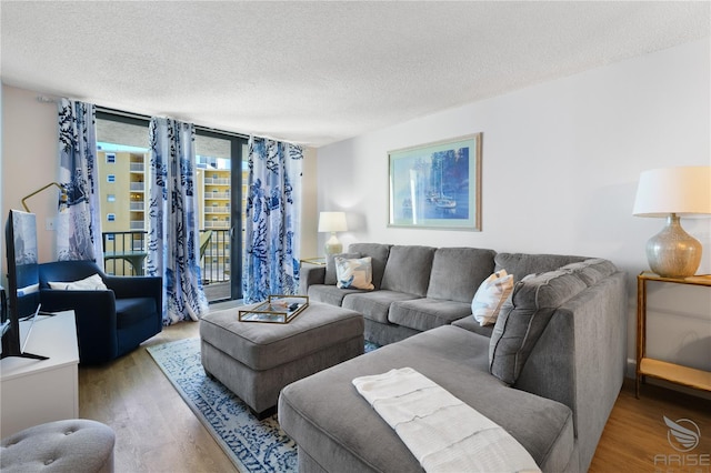 living room featuring hardwood / wood-style floors and a textured ceiling