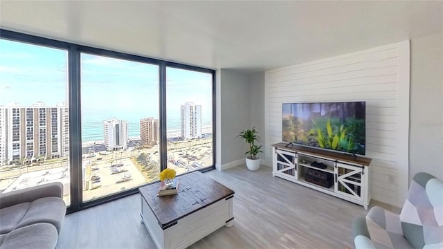 living room with a wall of windows and hardwood / wood-style floors