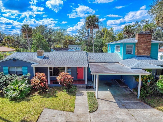 view of front of property featuring a front yard and a carport