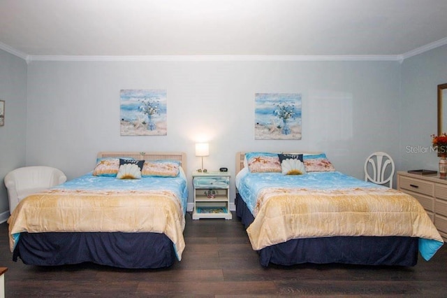 bedroom featuring dark wood-type flooring and ornamental molding