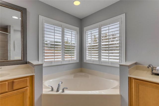 bathroom featuring vanity and separate shower and tub