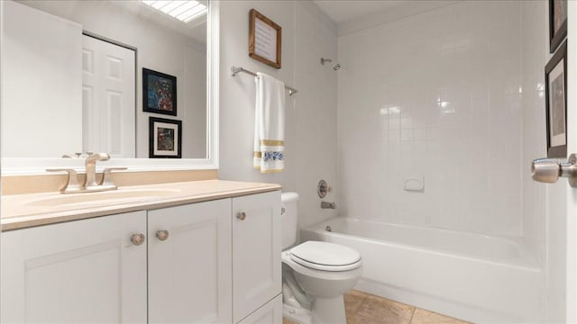 full bathroom with tiled shower / bath combo, vanity, tile patterned flooring, and toilet