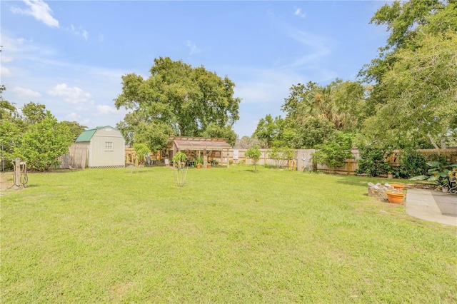 view of yard featuring a shed, an outdoor structure, and a fenced backyard