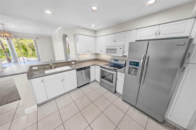 kitchen featuring appliances with stainless steel finishes, sink, white cabinets, and kitchen peninsula