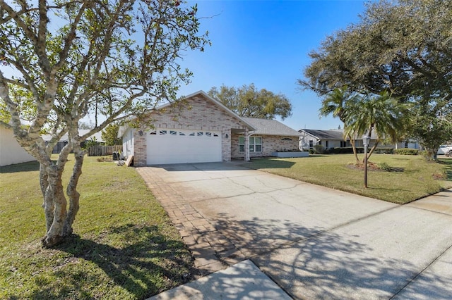 single story home with a garage, driveway, fence, a front lawn, and brick siding