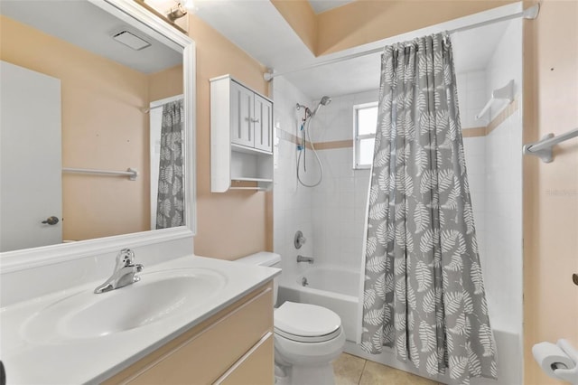 bathroom with shower / tub combo with curtain, visible vents, toilet, vanity, and tile patterned floors