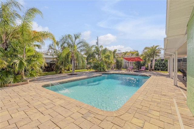 view of pool with a patio area and pool water feature