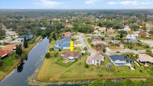 drone / aerial view featuring a water view