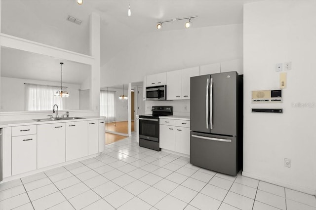 kitchen featuring white cabinetry, sink, decorative light fixtures, and appliances with stainless steel finishes