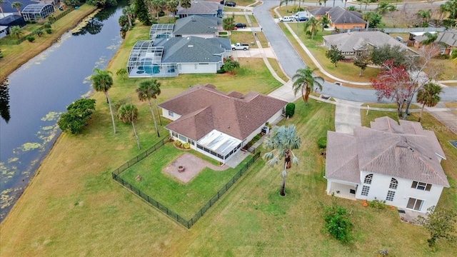 drone / aerial view with a water view