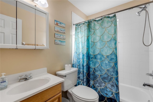 full bathroom with vanity, toilet, and shower / tub combo with curtain