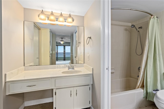 full bathroom with ceiling fan, vanity, toilet, and shower / bath combo