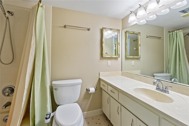 bathroom with walk in shower, vanity, toilet, and tile patterned flooring