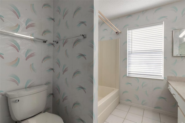 full bathroom featuring tile patterned flooring, vanity, shower / bathing tub combination, a textured ceiling, and toilet