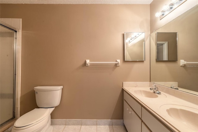 bathroom with an enclosed shower, vanity, tile patterned floors, and toilet