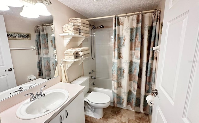 full bathroom featuring vanity, shower / bathtub combination with curtain, a textured ceiling, and toilet