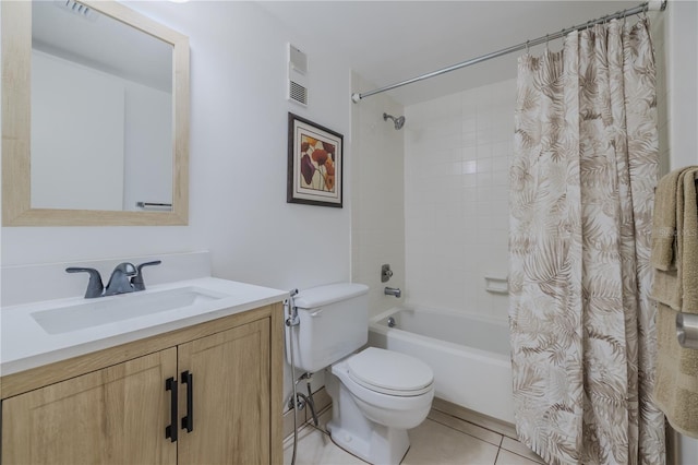 full bathroom with tile patterned flooring, vanity, shower / bath combo, and toilet