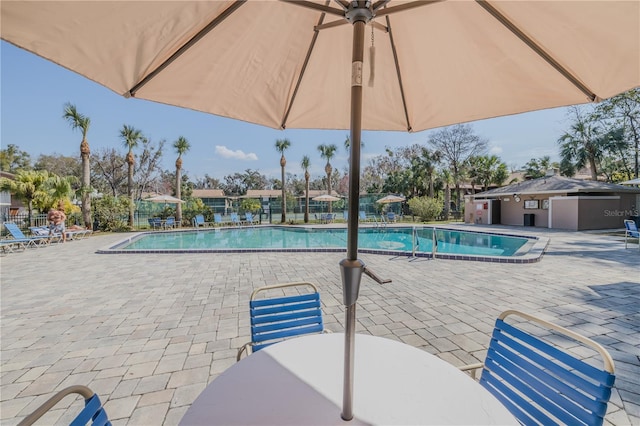 view of pool featuring ceiling fan and a patio