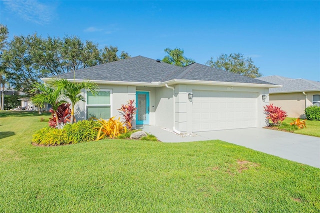 single story home with a garage, concrete driveway, roof with shingles, a front lawn, and stucco siding