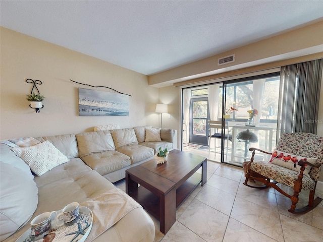 living room featuring a textured ceiling