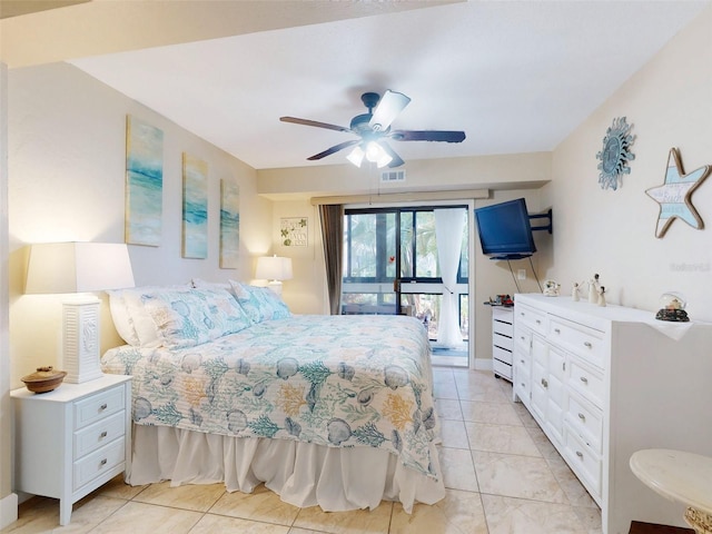 bedroom with ceiling fan and access to exterior