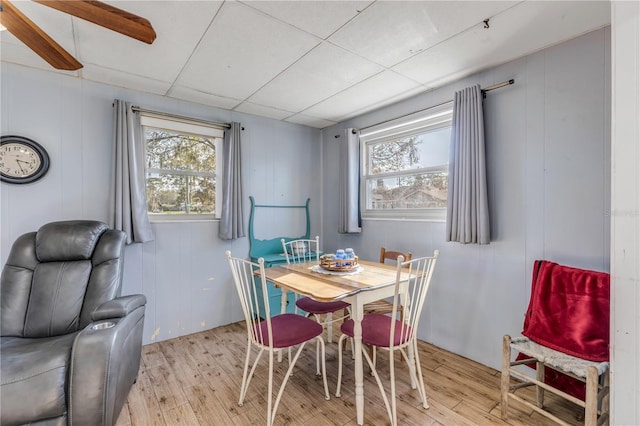 dining area with a paneled ceiling, plenty of natural light, and light hardwood / wood-style flooring