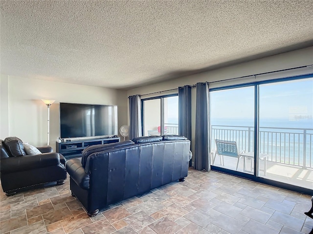 living room with a textured ceiling