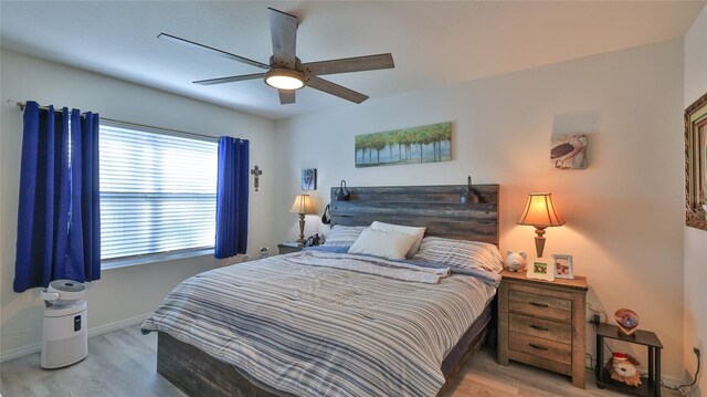 bedroom featuring light hardwood / wood-style floors and ceiling fan