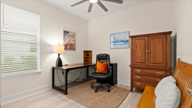 office space with ceiling fan and light hardwood / wood-style floors