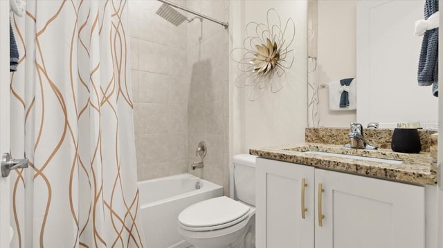 full bathroom featuring shower / bath combination with curtain, vanity, and toilet