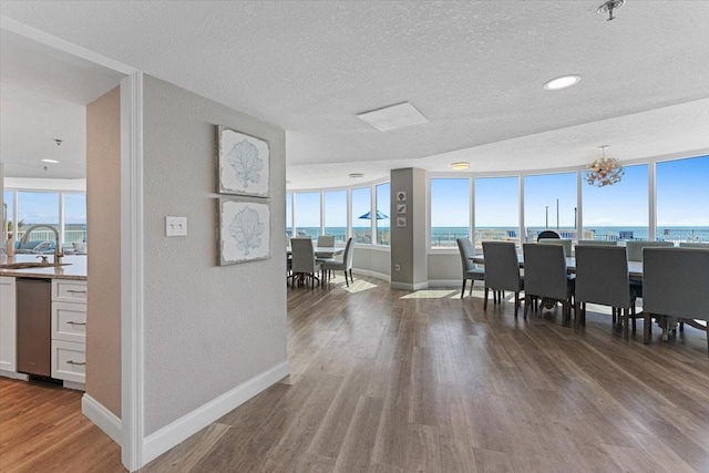 dining room featuring a water view, sink, hardwood / wood-style floors, and a textured ceiling