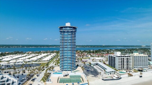 drone / aerial view with a water view