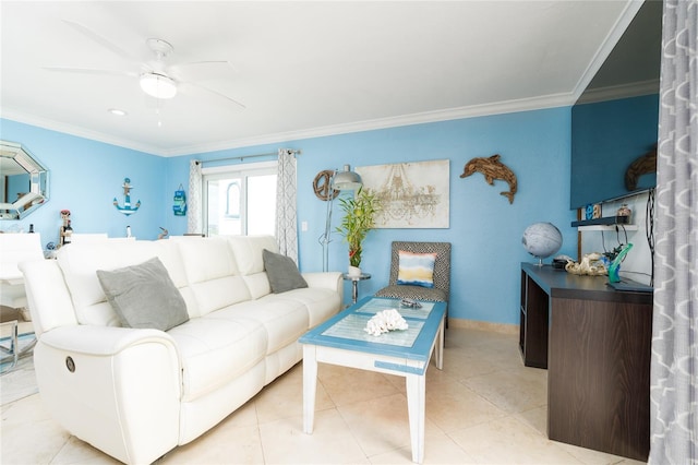 tiled living room with ornamental molding and ceiling fan