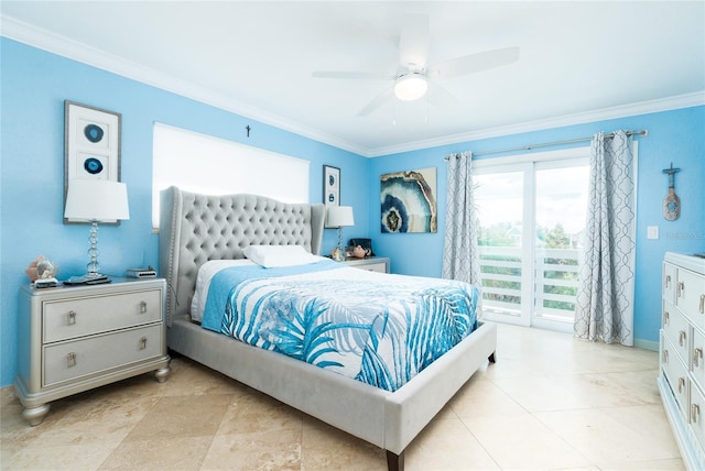 bedroom with crown molding, ceiling fan, and access to exterior