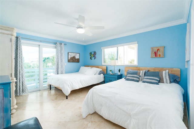 bedroom with crown molding, access to outside, ceiling fan, and light tile patterned floors